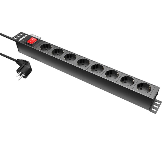 Блок розеток NTSS 19", 1U, пластик, 1ф16A, 3.7кВт, (8) Schuko CEE 7/7, выкл. с подсв.и крыш., 1.8м каб., вил. Schuko NTSS-PDU-DA2032