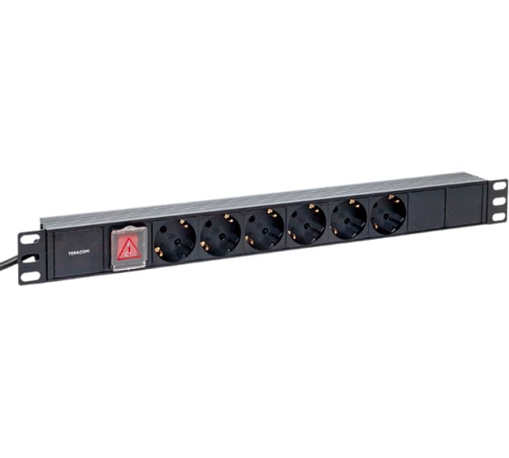 Блок розеток PDU TERACOM 19" 1U 16А/250В 6 розеток Schuko с выключателем шнур питания длиной 2 метра сечение 3x1,5 мм2 вилка Schuko корпус пластик черный EKF TRC-HPD-LS-16A-6SH-2MSH 1