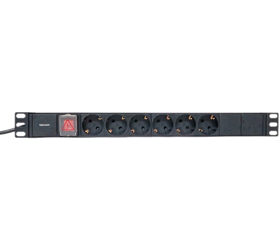 Блок розеток PDU TERACOM 19" 1U 16А/250В 6 розеток Schuko с выключателем шнур питания длиной 2 метра сечение 3x1,5 мм2 вилка Schuko корпус пластик черный EKF TRC-HPD-LS-16A-6SH-2MSH