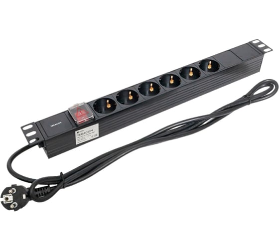 Блок розеток PDU TERACOM 19" 1U 16А/250В 6 розеток Schuko с выключателем шнур питания длиной 2 метра сечение 3x1,5 мм2 вилка Schuko корпус пластик черный EKF TRC-HPD-LS-16A-6SH-2MSH