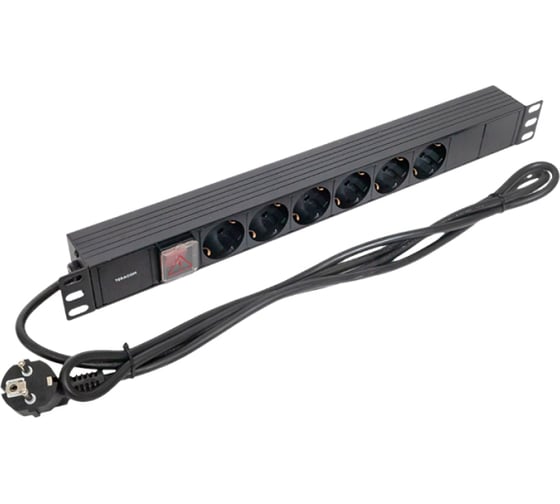 Блок розеток PDU TERACOM 19" 1U 16А/250В 6 розеток Schuko с выключателем шнур питания длиной 2 метра сечение 3x1,5 мм2 вилка Schuko корпус пластик черный EKF TRC-HPD-LS-16A-6SH-2MSH