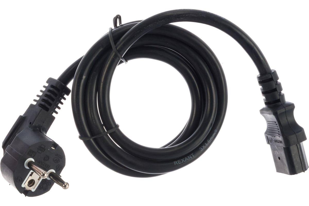 Сетевой шнур REXANT, евровилка угловая - евроразъем С13, кабель 3x1.5 .