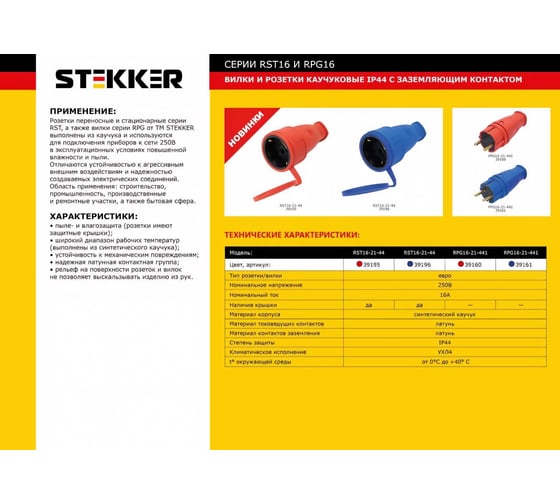 Вилка STEKKER прямая с заземляющим контактом, каучук 250В, 16A, IP44, красная, RPG16-21-441 39160