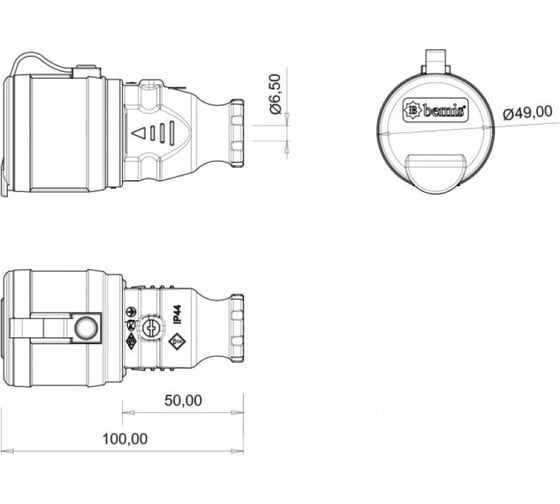 Кабельная розетка BEMIS BK1-1402-2311 каучуковая 220В 16А с заземлением и крышкой, IP54, черная 8698523923115