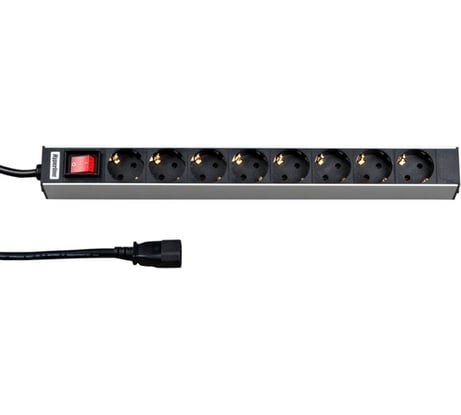 Горизонтальный блок розеток Hyperline SHT19-8SH-S-2.5IEC для 19' шкафов, с выключателем, с подсветкой, 8 розеток Schuko, 10A, кабель питания 2.5 м, с вилкой, IEC 320 C14