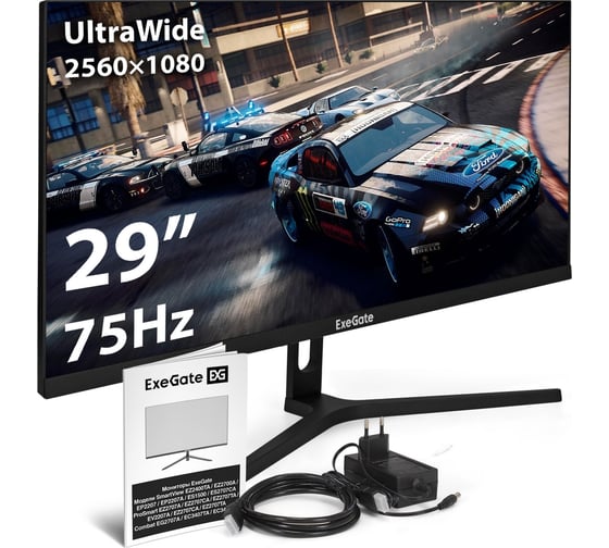 Монитор безрамочный ExeGate с аудио выходом 29" SmartView ES1500 IPS LED Grade A+, 2K, 2560x1080 75Гц WFHD , 21:9, 300cd/m2, 1000:1, 178/178, 1ms, HDMI, Di 297302
