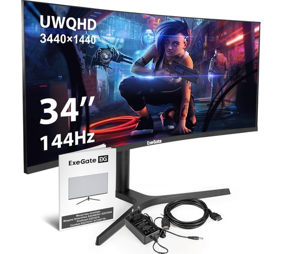Монитор ExeGate изогнутый игровой 144 Гц 34" Combat EC3407TA VA Curved R1800 LED Grade A+, UltraWide QHD 3440x1440 144Гц, 300cd/m2, 4000:1, 178/178, 1ms, 2 296284