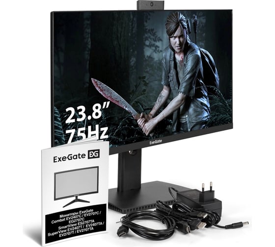 Монитор ExeGate со встроенной веб-камерой и аудио 23.8" SuperView EV2407T IPS LED Grade A+, FHD, 1920x1080 75Гц, 16:9, 250cd/m2, 1000:1, 178/178, 5ms, Spea 297246