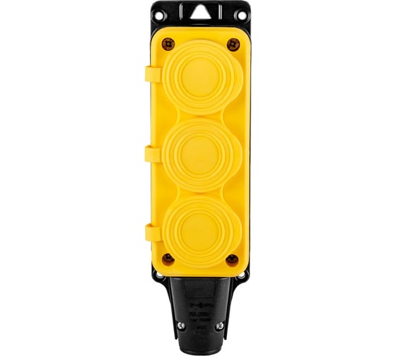 Розетка Рыжая такса РЗК-03 (колодка) трехместная с крышкой каучук 2P+PE 230V 16А IP54 желтая РЗК03-2844 1