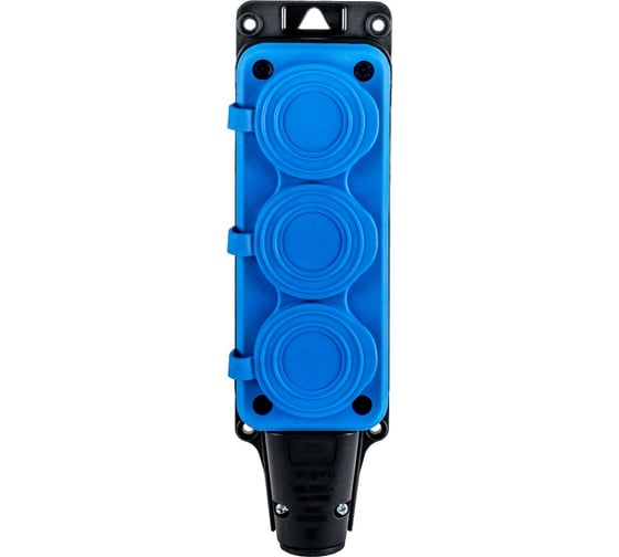 Розетка Рыжая такса РЗК-03 (колодка) трехместная с крышкой каучук 2P+PE 230V 16А IP54 синяя РЗК03-2875 1