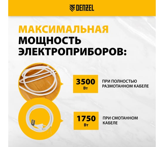 Шнур сетевой Denzel Energy Series, ПВС, 3 м, 2x1 мм, с неразборной вилкой, белый 37664