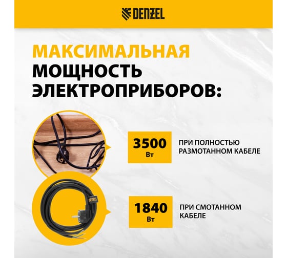 Шнур сетевой Denzel Energy Series, ПВС, 3 м, 3x1,5 мм, с неразборной вилкой, черный 37675