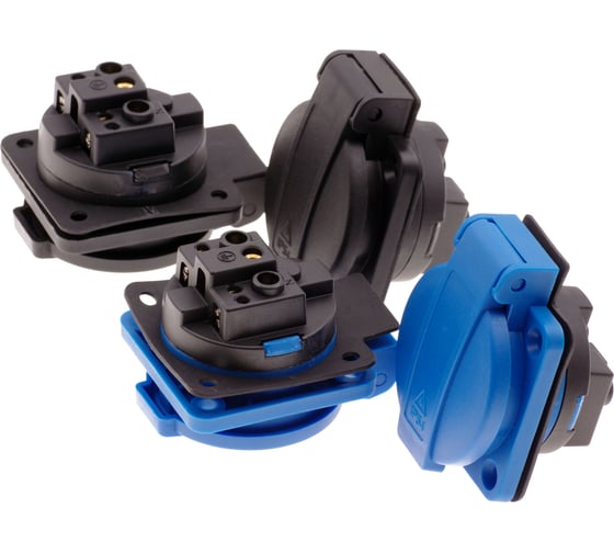 Розетка встраиваемая INPIN 16A 220V 2P+E IP54 подключение сзади 50х50 синяя CA105BL