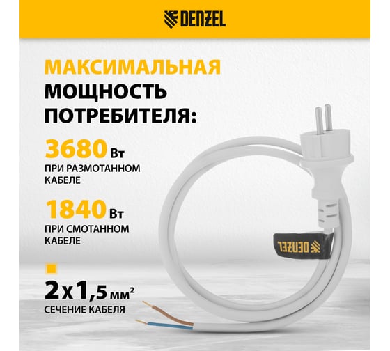 Шнур сетевой Denzel Energy Series, ПВС, 1,5 м, 2х1,5 мм, с неразборной вилкой, белый 37668