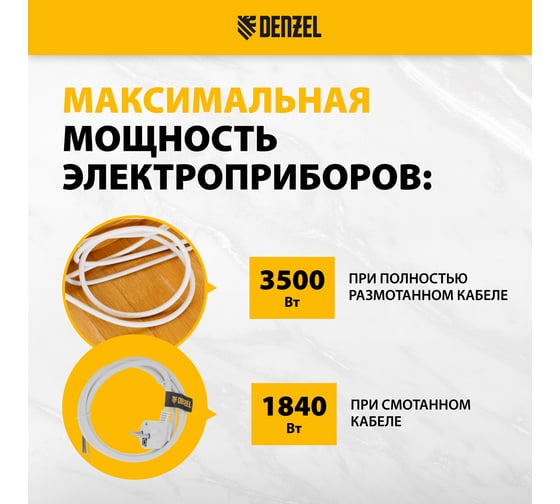 Шнур сетевой Denzel Energy Series, ПВС, 1,5 м, 3x1,5 мм, с неразборной вилкой, белый 37670