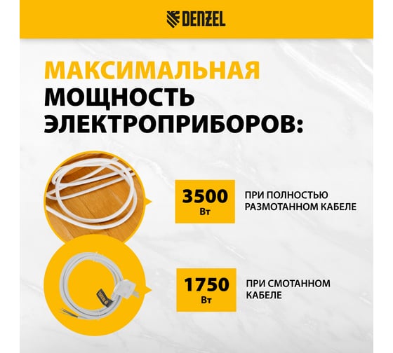 Шнур сетевой Denzel Energy Series, ПВС, 3 м, 3x1 мм, с неразборной вилкой, белый 37666