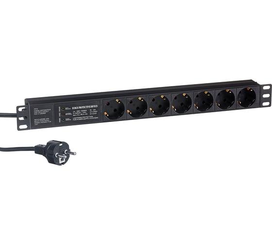 Блок розеток ExeGate ServerPro PDU-19H704 Al-7S-EU2.5CU-SPD3, 19, 1U, алюминий, 7Sch, евро, 2.5м, SPD3 280839 1