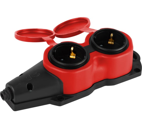 Колодка ЭРА KX-2e-RED-IP44 каучуковая, с заземлением, 2 розетки, 16A, IP44, красная Б0068443 1