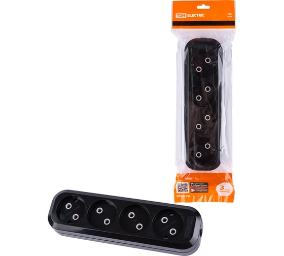 Розеточная колодка TDM ELECTRIC 4 гнезда 2П б/з 10А 250В черная SQ1806-0111