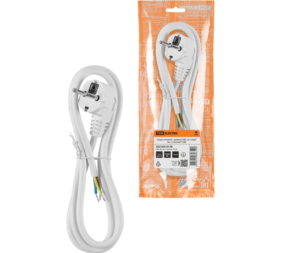 Шнур сетевой с вилкой TDM ELECTRIC ПВС 3x1,5мм² 5м с заземлением, белый SQ1305-0178 1