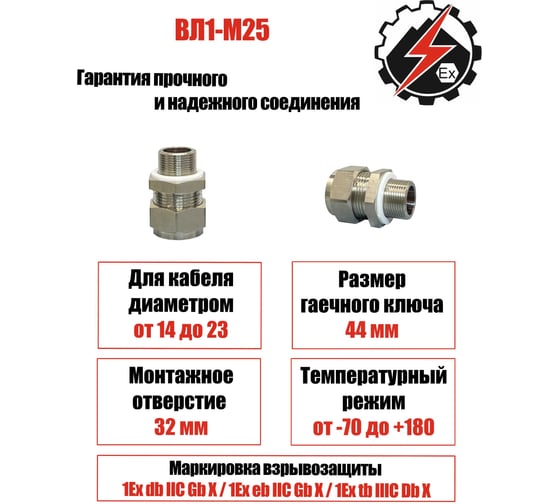Кабельный ввод/сальник Горная Автоматика взрывозащищенный ВЛ1-М25 1Ex d IIC Gb IP67 УХЛ1 4673773180017