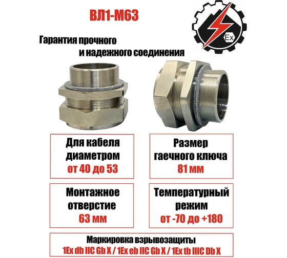 Кабельный ввод/сальник Горная Автоматика взрывозащищенный ВЛ1-М63 1Ex d IIC Gb IP67 УХЛ1 4673773180055