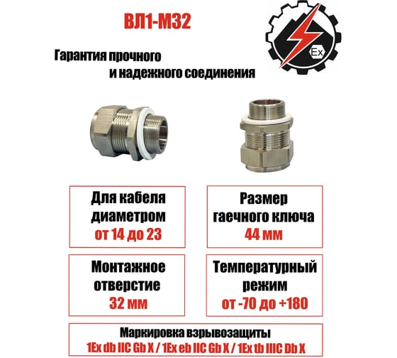 Кабельный ввод/сальник Горная Автоматика взрывозащищенный ВЛ1-М32 1Ex d IIC Gb IP67 УХЛ1 4673773180024