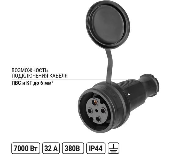 Разъем с заглушкой каучук TDM ELECTRIC 3Р+РЕ 32А 380В IP44 SQ0612-0007