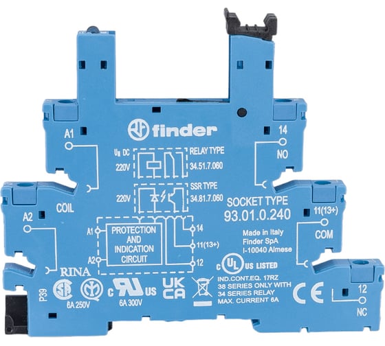 Розетка Finder для реле 34.51, 34.81 с винтовыми зажимами, 6А, = 220-240В AC/DC, 93010240