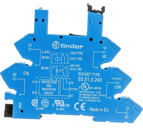 Розетка Finder для реле 34.51, 34.81 с пружинными зажимами, 6А, = 220-240В AC/DC, 93510240
