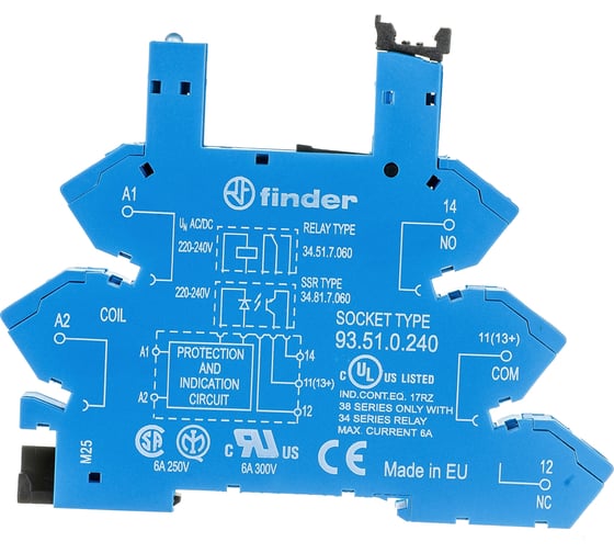 Розетка Finder для реле 34.51, 34.81 с пружинными зажимами, 6А, = 220-240В AC/DC, 93510240 1