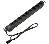 Блок распределения питания REXANT для 19 шкафов, горизонтальный, 9 розеток СЕЕ 7/4, 10A, без выкл, алюм корп, шнур 2м, вилка C14 04-0305-1