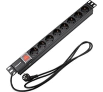 Блок распределения питания REXANT для 19 шкафов, горизонтальный, 8 розеток СЕЕ 7/4, 16A, выкл, алюм корп, шнур 2м, вилка СЕЕ 7/7 04-0104-1