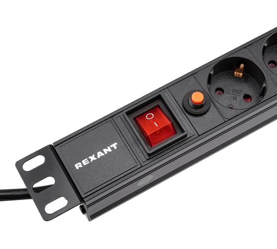 Блок распределения питания REXANT для 19 шкафов, горизонтальный, 6 розеток СЕЕ 7/4, 16A, фильтр, выкл, алюм корп, шнур 2м, вилка СЕЕ 7/7 04-0102-1