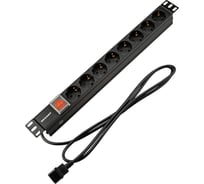 Блок распределения питания REXANT для 19 шкафов, горизонтальный, 8 розеток СЕЕ 7/4, 10A, выкл, алюм корп, шнур 2м, вилка C14 04-0302-1