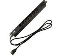 Блок распределения питания REXANT для 19 шкафов, горизонтальный, 6 розеток СЕЕ 7/4, 10A, без выкл, алюм корп, шнур 2м, вилка C14 04-0301-1