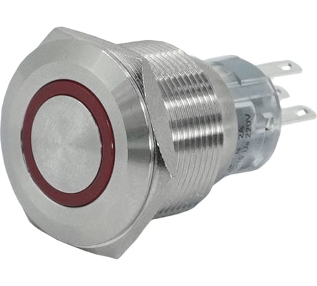 Электротехник GQ22-L-11E/R/220V/S, металл, красный, 1C1NO1NC, цилиндр с подсветкой 220В AC/DC, d22мм, IP65, выключатель кнопочный ET020094