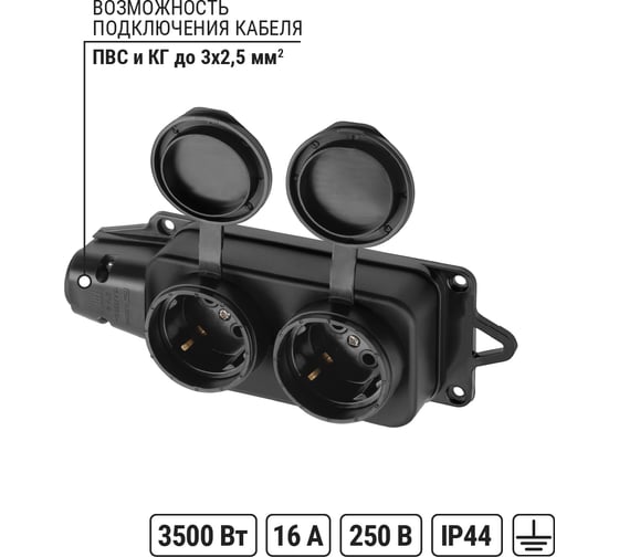 Розетка TDM ELECTRIC двухместная с заглушками каучук 2Р+РЕ 16А 250В IP44 SQ0612-0010