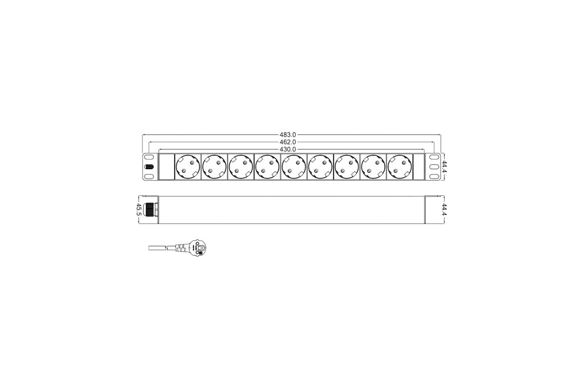 Блок розеток для 19 шкафов горизонтальный 9 розеток schuko