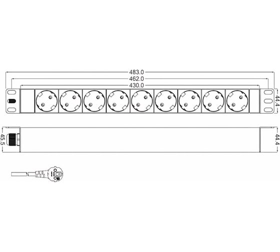 Блок розеток Hyperline SHT19-9SH-2.5EU для 19" шкафов, горизонтальный, 9 розеток Schuko (16A) 26449