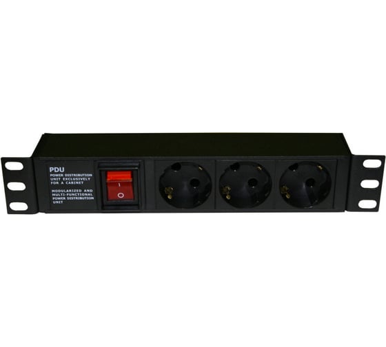 Блок розеток Hyperline SHE10-3SH-S-IEC для 10" шкафов, горизонтальный, 3 розетки Schuko, 10А 255010 1