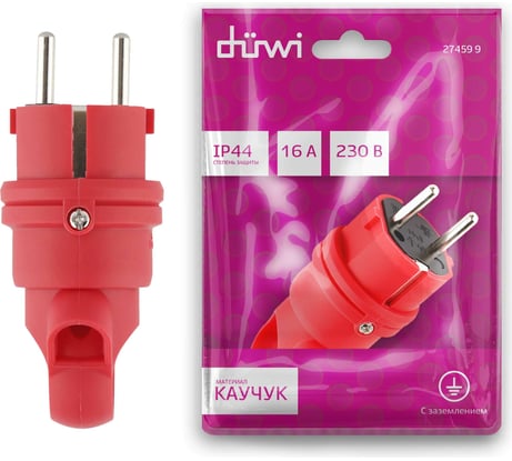 Каучуковая вилка duwi с заземлением 16A 90градусов с кольцом IP44 красная 27459 9