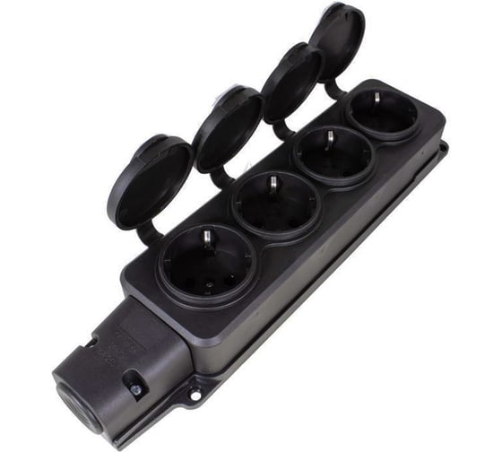 Каучуковая колодка Filum 4-х местная 2P+PE 16A 250В IP44 с защитной крышкой чёрного цвета FL-SB-4EU-IP44-BK 1
