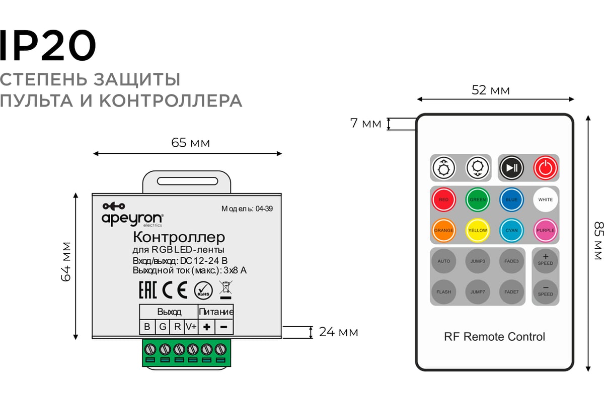 Контроллер Apeyron RGB, 12/24В, 288/576Вт, 3 канала х 8А, IP20, пульт кноп,  радио/04-39 - выгодная цена, отзывы, характеристики, фото - купить в Москве  и РФ