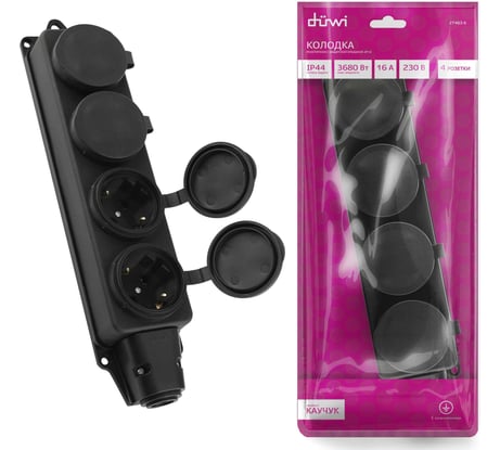 Каучуковая колодка duwi 4 гнезда с заземлением IP44 черная 16A 27463 6