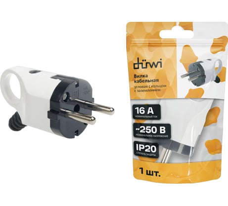 Угловая вилка duwi с ушком с заземлением белая 16А 250В 30467 8