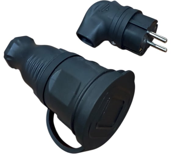 Комплект каучуковая кабельная розетка NVO с заземлением и крышкой 16А IP44 + вилка угловая цвет черный (модель РК+ВК) NVO-KI-COMBI-R-VU-16-44-BLACK
