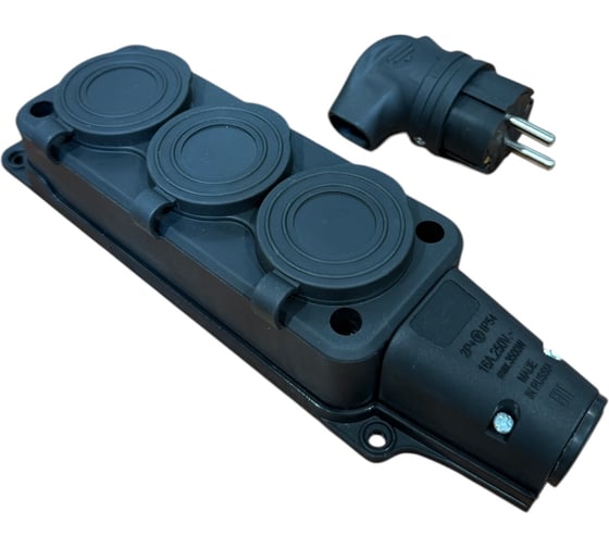 Комплект каучуковая кабельная колодка NVO 3 гнезда с заземлением и крышкой 16А IP54 + вилка угловая цвет черный (модель РК+ВК) NVO-KI-COMBI-K-3-VU-16-54-BLACK