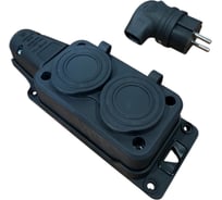 Комплект каучуковая кабельная колодка NVO 2 гнезда с заземлением и крышкой 16А IP54 + вилка угловая цвет черный (модель РК+ВК) NVO-KI-COMBI-K-2-VU-16-54-BLACK