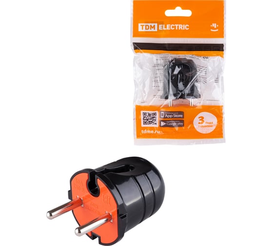Вилка без заземления TDM ELECTRIC черная с красной вставкой, 10А, 250В SQ1806-0210